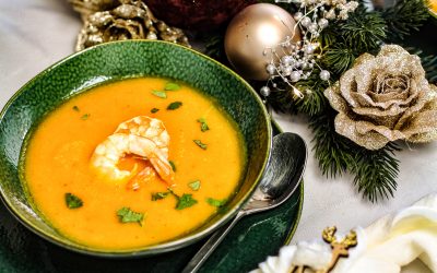 Süßkartoffel – Kürbis – Suppe mit Garnelen