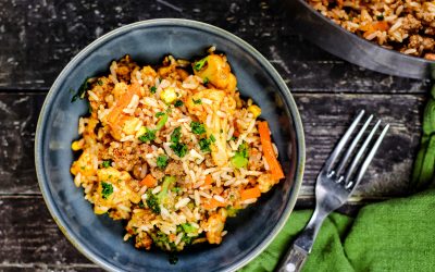 Reis-Hackfleisch-Pfanne mit Ajvar und Gemüse